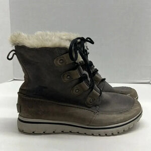 Sorel Boots Cozy Joan Lace Up Gray Faux Fur Suede Winter NL2745-052 Womens 8.5